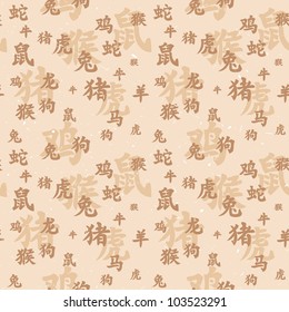 Vector seamless texture of ancient chinese zodiac hieroglyphs