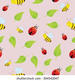 Vector seamless texture of baby bees ladybugs and green leaves