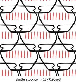 Vector seamless texture background pattern. Hand drawn, black, red and white colors.