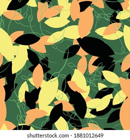 Vector seamless texture background pattern. Hand drawn, green, black, orange and yellow colors.