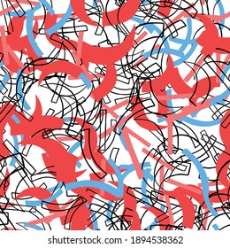 Vector seamless texture background pattern. Hand drawn, red, blue, white and black colors.