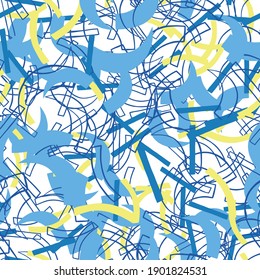 Vector seamless texture background pattern. Hand drawn, blue, yellow and white colors.