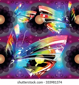 Vector seamless texture with beautiful butterflies and decorative black flowers on colorful background 