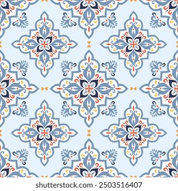 Vector seamless texture. Beautiful colored pattern for design, fashion fabric, textile, wallpaper, packaging design with decorative elements. Portuguese tiles, Azulejo, Moroccan ornaments