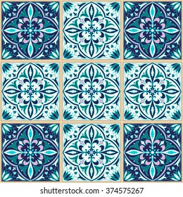 Vector seamless texture. Beautiful colored pattern for design and fashion with decorative elements. Portuguese tiles, Azulejo, Talavera, Moroccan ornaments in blue colors