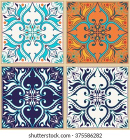 Vector seamless texture. Beautiful colored pattern for design and fashion with decorative elements. Portuguese tiles, Azulejo, Talavera, Mexican, Moroccan ornaments in blue and orange colors