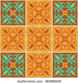 Vector seamless texture. Beautiful colored pattern for design and fashion with decorative elements. Portuguese tiles, Azulejo, Talavera, Moroccan ornaments in blue and brown colors