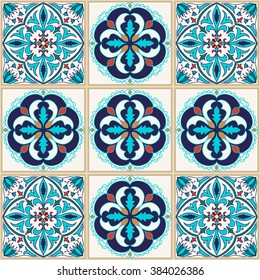 Vector seamless texture. Beautiful colored pattern for design and fashion with decorative elements. Portuguese tiles, Azulejo, Talavera, Moroccan ornaments in blue colors