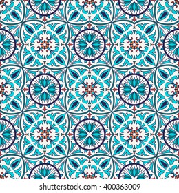 Vector seamless texture. Beautiful colored pattern for design and fashion with decorative elements. Portuguese tiles, Azulejo, Talavera; Moroccan ornaments in blue and orange colors