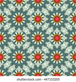 Vector seamless texture. Beautiful colored pattern for design and fashion with floral mandalas. Indian, asian, oriental ornaments and motifs