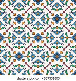 Vector seamless texture. Beautiful colored pattern for design and fashion with decorative elements. Portuguese tiles, Azulejo, Moroccan ornaments