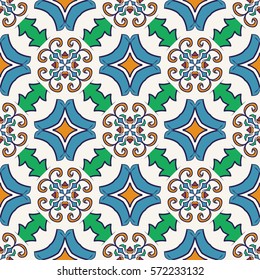 Vector seamless texture. Beautiful colored pattern for design and fashion with decorative elements. Portuguese tiles, Azulejo, Moroccan ornaments