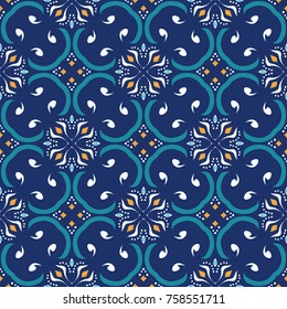 Vector seamless texture. Beautiful colored pattern for design and fashion with decorative elements. Portuguese, Moroccan, Turkish, asian ornaments. Oriental geometric and floral motifs