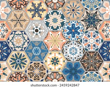 Nahtlose Vektorgrafik. Wunderschönes Mega Patchwork Muster für Design und Mode mit dekorativen Elementen im Sechseck. Portugiesische Fliesen, Azulejo, marokkanische Ornamente