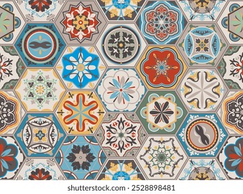 Vector seamless texture. Beautiful mega patchwork pattern for design and fashion with decorative elements in hexagon. Portuguese tiles, Azulejo, Moroccan ornaments