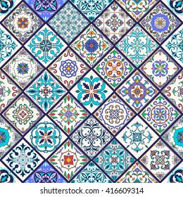 Vector seamless texture. Beautiful mega patchwork pattern for design and fashion with decorative elements. Set of Portuguese tiles,  Azulejo, Talavera, Moroccan ornaments