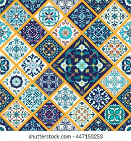 Vector seamless texture. Beautiful mega patchwork pattern for design and fashion with decorative elements. Portuguese tiles, Azulejo, Talavera, Moroccan ornaments in rhombus shapes