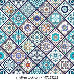 Vector seamless texture. Beautiful mega patchwork pattern for design and fashion with decorative elements. Portuguese tiles, Azulejo, Talavera, Moroccan ornaments in rhombus shapes