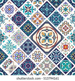 Vector seamless texture. Beautiful mega patchwork pattern for design and fashion with decorative elements in rhombus. Portuguese tiles, Azulejo, Moroccan ornaments 