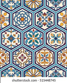 Vector seamless texture. Beautiful mega patchwork pattern for design and fashion with decorative elements in hexagon. Portuguese tiles, Azulejo, Moroccan ornaments 