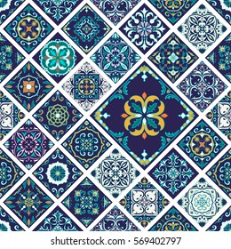 Vector seamless texture. Beautiful mega patchwork pattern for design and fashion with decorative elements in rhombus. Portuguese tiles, Azulejo, Moroccan ornaments 