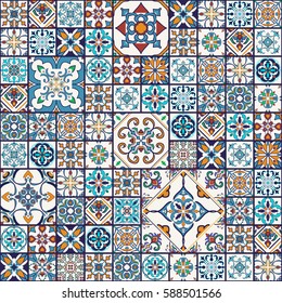 Vector seamless texture. Beautiful mega patchwork pattern for design and fashion with decorative elements. Portuguese tiles, Azulejo, Moroccan ornaments 