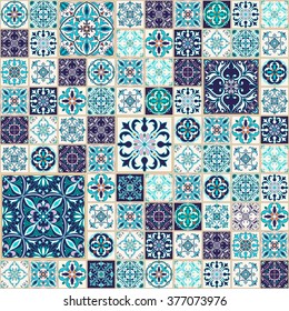 Vector seamless texture. Beautiful patchwork pattern for design and fashion with decorative elements. Portuguese tiles, Azulejo, Talavera, Moroccan ornaments in blue and orange colors