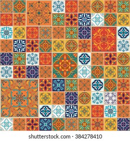 Vector seamless texture. Beautiful patchwork pattern for design and fashion with decorative elements. Portuguese tiles, Azulejo, Talavera, Moroccan ornaments in blue and orange colors
