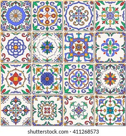 Vector seamless texture. Beautiful patchwork pattern for design and fashion with decorative elements. Set of Portuguese tiles, Azulejo, Talavera, Moroccan ornaments