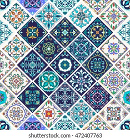 Vector seamless texture. Beautiful patchwork pattern for design and fashion with decorative elements. Portuguese tiles, Azulejo, Talavera, Moroccan ornaments