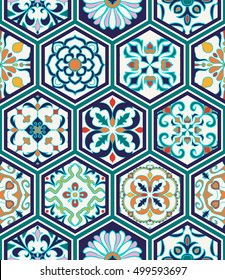 Vector seamless texture. Beautiful patchwork pattern for design and fashion with decorative elements in hexagon. Portuguese tiles, Azulejo, Moroccan ornaments