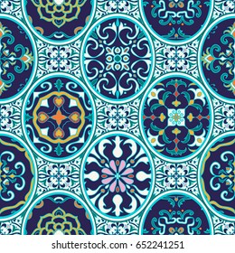 Vector seamless texture. Beautiful patchwork pattern for design and fashion with decorative elements. Portuguese tiles, Azulejo, Moroccan ornaments