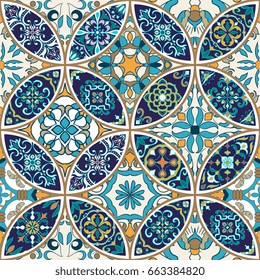 Vector seamless texture. Beautiful patchwork pattern for design and fashion with decorative elements. Portuguese tiles, Azulejo, Moroccan ornaments