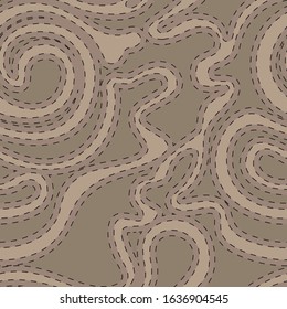 Vector seamless texture in beige color from smooth streamlined shapes stitched with black dotted lines. Abstract background for decoration of fabrics or wrapping paper