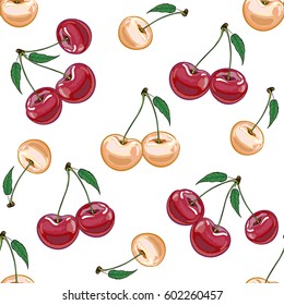 Vector seamless texture of beige and red cherry on white background