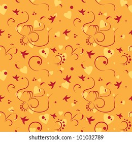 Vector seamless texture with birds, hearts and floral ornament