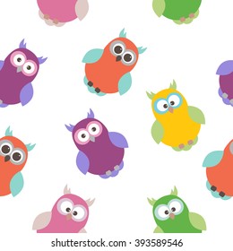 Vector seamless texture with birds. Owls of different colors.