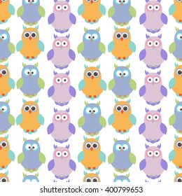 Vector seamless texture with birds. Owls of different colors.