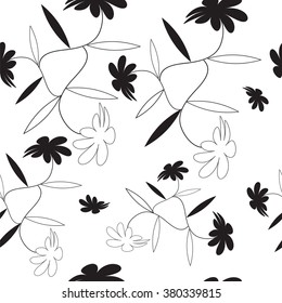 Vector seamless texture with black outline flowers on white background