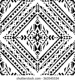 Vector seamless texture. Black and white tribal geometric pattern. Aztec ornamental style. Ethnic native american indian ornaments
