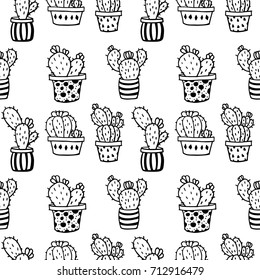 Vector seamless texture with black and white hand drawn succulents flowers and cactus. Images, isolated on a white background, for use in a logo, sign, symbol