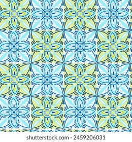 Vector seamless texture with blue geometric flowers. Vector pattern with blue geometric flowers.