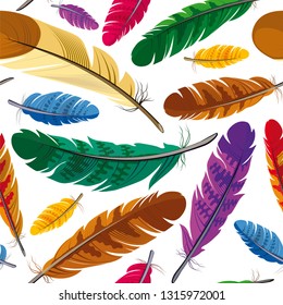 Vector seamless texture with bright colored bird feathers on white background