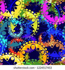Vector seamless texture of bright colorful and blue gears and laurel wreaths in kaleidoscope style on a dark blue background. To decorate fabrics for kids and moms or festive paper.