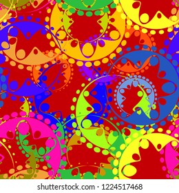 Vector seamless texture of bright colorful gears and laurel wreaths in kaleidoscopic style on claret background. To decorate fabrics for kids and moms or festive paper.