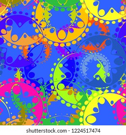 Vector seamless texture of bright colorful gears and laurel wreaths in kaleidoscope style on a blue background. To decorate fabrics for kids and moms or festive paper.