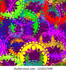 Vector seamless texture of bright colorful gears and laurel wreaths in kaleidoscope style on a lilac background. To decorate fabrics for kids and moms or festive paper.