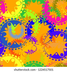 Vector seamless texture of bright colorful gears and laurel wreaths in kaleidoscope style on an orange background. To decorate fabrics for kids and moms or festive paper.