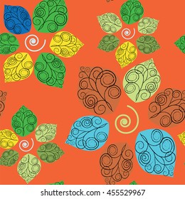 Vector seamless texture with bright colorful flowers on orange background