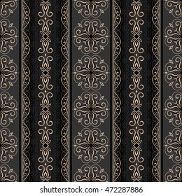 Vector seamless texture with bright floral ornament.  Golden element for design in Eastern style.  Floral vintage pattern for wallpaper on black background.